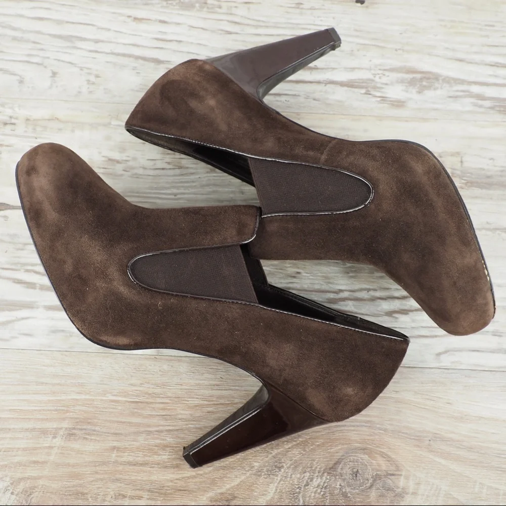 Franco Sarto brown suede & patent heeled loafers
